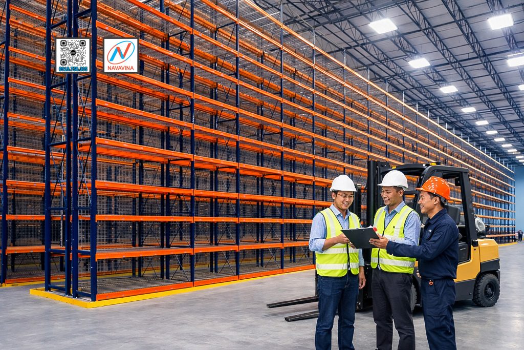 Cách tính tải trọng toàn bộ một dãy kệ kho - Sơ đồ minh họa lực truyền từ tầng kệ xuống beam, trụ và sàn kho