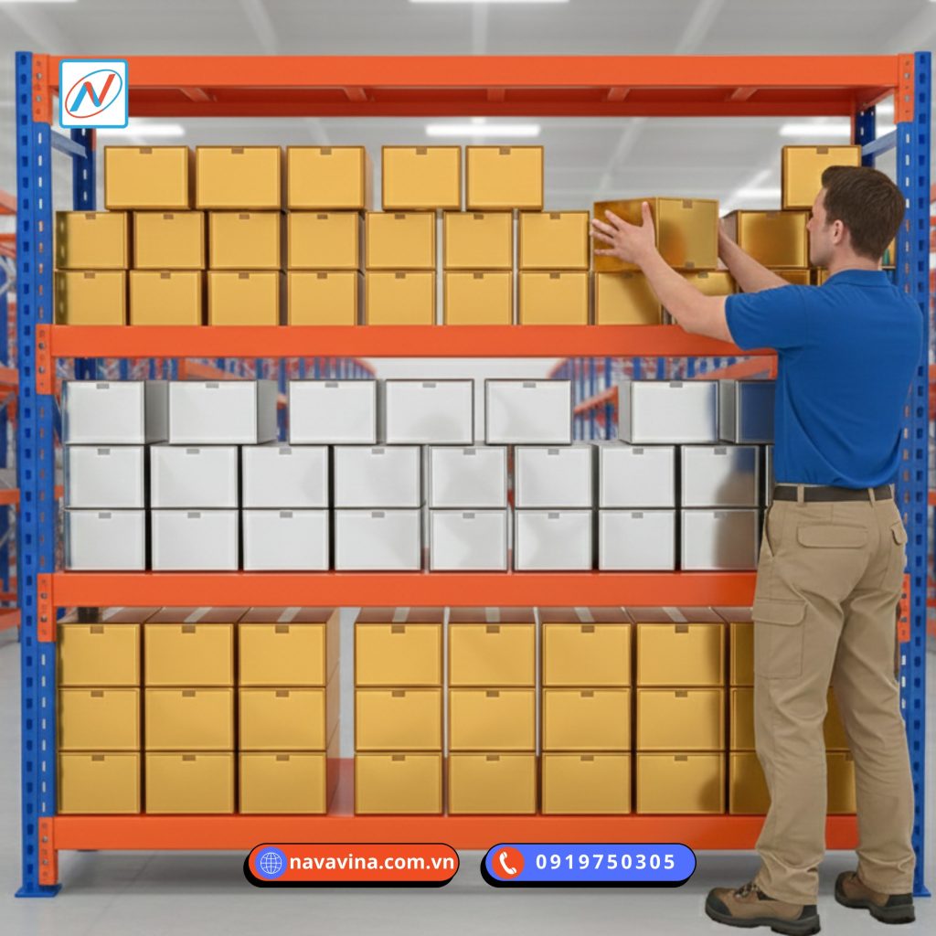 Loại hàng nào phù hợp với kệ xếp tay nhiều tầng - Hình ảnh kệ trung tải 4 tầng chứa thùng carton và hộp linh kiện trong kho hàng thực tế