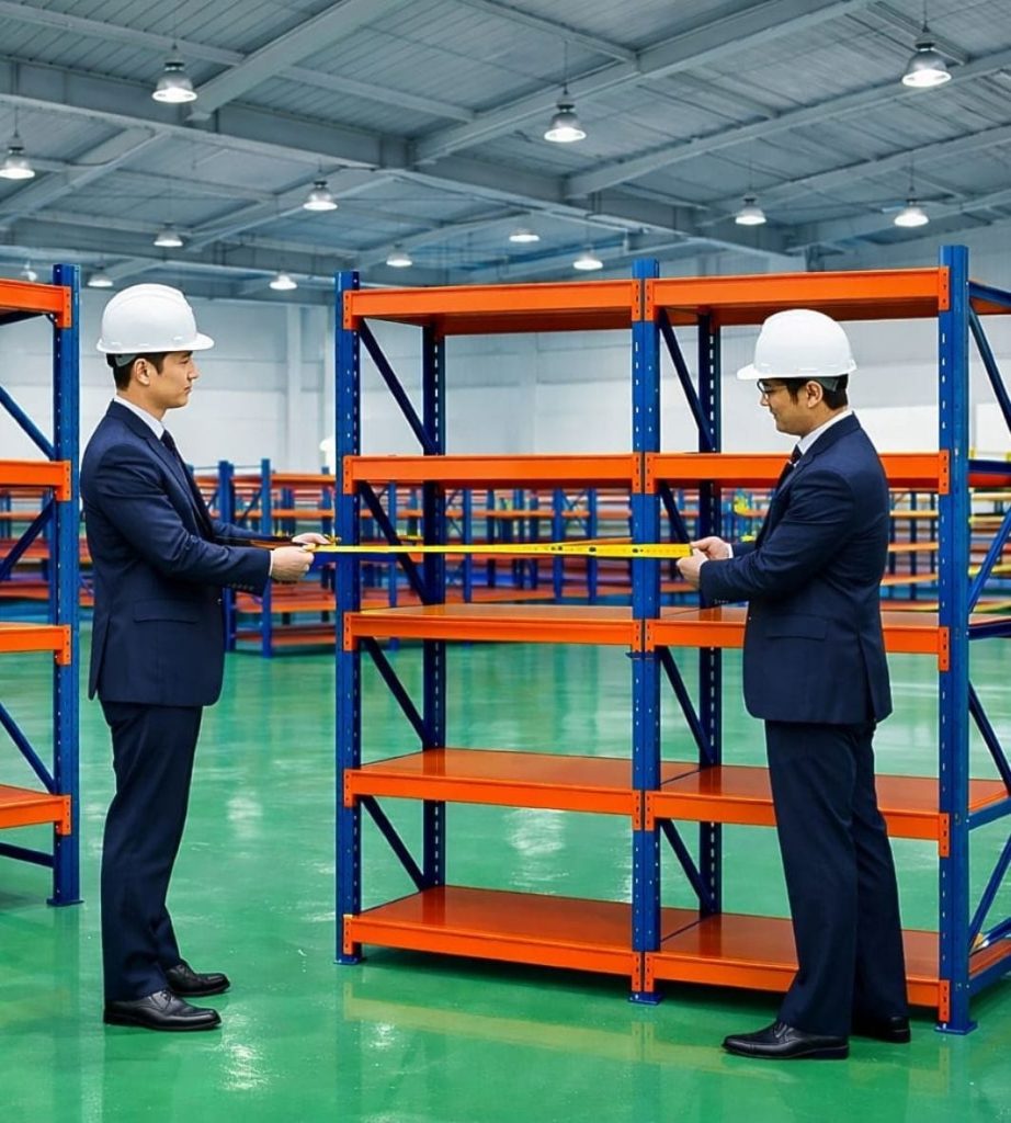 So sánh tự lắp kệ và thuê đơn vị chuyên nghiệp - Hình ảnh đội thợ Navavina đang lắp đặt kệ trung tải trong kho hàng công nghiệp