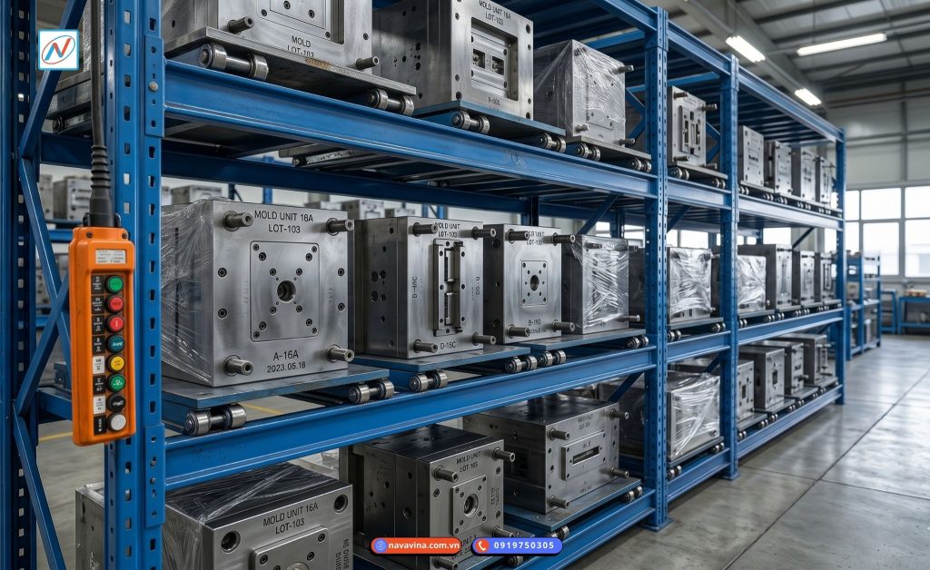 Lắp đặt kệ khuôn công nghiệp chuyên dụng, tiết kiệm 70% diện tích lối đi, tải trọng nặng, dễ lấy hàng. Thiết kế & thi công toàn quốc