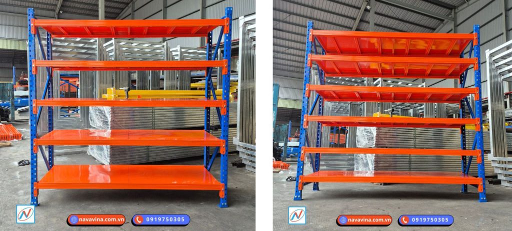 So sánh kệ 5 tầng và 6 tầng theo chiều cao kho - Hình ảnh kệ trung tải 5 tầng và 6 tầng cạnh nhau, thể hiện sự khác biệt về chiều cao và khoảng cách giữa các tầng